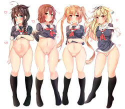 4girls belly bottomless breasts female full_body harusame_(kantai_collection) heart kantai_collection multiple_girls murasame_(kantai_collection) navel no_panties pikatchi possible_duplicate pussy shigure_(kantai_collection) shirt shirt_lift socks standing white_background yuudachi_(kantai_collection)