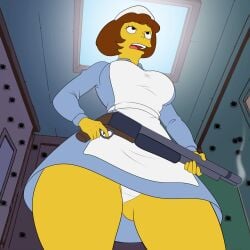 2d 2d_(artwork) 2d_artwork action_pose ass_visible_from_the_front ass_visible_through_thighs breasts brown_hair female flat_colors gun gunshot gunshot_hole lights low-angle_view nurse nurse_cap nurse_clothing nurse_hat nurse_uniform oddrich retirement_castle_nurse shotgun smoking_gun solo the_simpsons thick thick_ass thick_hips thick_legs thick_thighs yellow_body yellow_skin