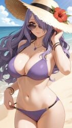 1girls ai_generated bare_shoulders beach belly_button big_breasts big_sister bikini bikini_bottom bikini_top bracelet bracelets breasts camilla_(fire_emblem) commentary_request curvaceous curvaceous_female curvy curvy_female curvy_figure earrings female female_focus female_only fire_emblem fire_emblem_fates flat_belly flower hair_over_one_eye hand_in_hair hat large_breasts lia_the_busty_redhead looking_at_viewer looking_over_eyewear looking_over_sunglasses mature_female mature_woman navel necklace ocean outdoors outside purple_bikini purple_eyes purple_hair sand seductive seductive_pose self_upload solo_female strap_pull straw_hat sunglasses tagme thighs tinted_eyewear voluptuous water wavy_hair