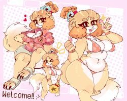 1girls animal_crossing animal_ears animal_nose bell bikini body_fur bracelet breasts bright_pupils buck_teeth chibi chibi_inset commentary curvy dog_ears dog_girl dog_tail english_commentary english_text female female_only fingernails floral_print floral_print_bikini floral_print_shirt full_body furry furry_female grey_skirt hair_bell hair_ornament hands_up heart highres hip_dips index_finger_raised isabelle_(animal_crossing) jewelry large_breasts leaf_print looking_at_viewer miaval_tec money_bag navel nintendo no_sclera open_mouth pawpads pink_background plump print_bikini sandals sharp_fingernails sharp_toenails sitting skirt solo stomach swimsuit tail teeth thick_thighs thighs toenails topknot two-tone_fur white_pupils white_sandals wide_hips yellow_fur