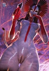 aceskywalkin alien avatar avatar:_fire_and_ash blender blue_body fire flames lighting na'vi pinup skywalkinace small_breasts solo_female solo_focus thick_thighs varang varang_(avatar) voluptuous yellow_eyes