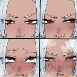 4_panel_comic blush carrot comparing crying disheveled disheveled_hair eyes_rolling_back femsub heart heart-shaped_pupils implied_sex measurements miruko my_hero_academia penis_size_difference ratatatat74 reaction_chart red_eyes rumi_usagiyama scar superheroine sweat tan_body tanned tears tears_of_pleasure text unseen_character white_hair