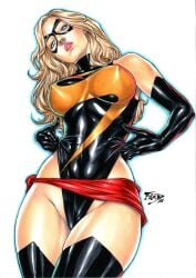 big_breasts blonde_female blonde_hair blue_eyes breasts carol_danvers ed_benes_studio female_only fred_benes marvel marvel_comics ms._marvel ms._marvel_(carol_danvers) no_panties seductive solo_female solo_focus