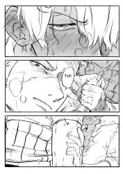2boys 2d 2d_(artwork) 2d_artwork 2male 2males 2man 2men angry_expression angry_face bitting_lip blush blush_lines blushing blushing_male blushing_profusely breath breath_cloud colorless comic comic_page dress_shirt english english_language english_text facial_hair furrowed_brow furrowed_brows furrowed_eyebrows gay gay_male gay_sex grabbing_arm half-closed_eyes half-dressed half_lidded_eyes half_naked half_nude handjob homo homoerotic homosexual homosexual_male homosexual_sex jerking jerking_off jerking_penis jerkingoff jerkingoff_another jinzxz lip_biting male male_only manga_style motion_lines movement_lines one_piece onomatopoeia page_3 page_number precum precum_drip precum_on_penis precum_squirt roronoa_zoro sanji sanji_(one_piece) short_hair sweat sweatdrop sweating sweaty sweaty_body uncolored vinsmoke_sanji yaoi zoro_(one_piece)