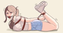 ball_gag blush bondage face_down jean_shorts nayumika ponytail tied_hands tied_up wrists_to_ankles