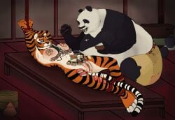 bondage dwarf_lover femail food_on_body furry kung_fu_panda male male/female nyotaimori panda tigress_(kung_fu_panda) vagina