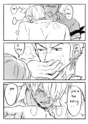 2boys 2d 2d_(artwork) 2d_artwork 2male 2males 2man 2men angry angry_expression angry_face blush blush_lines blushing blushing_male blushing_profusely breath breath_cloud closed_eyes colorless comic comic_page dress_shirt earrings english english_language english_text facial_hair furrowed_brow furrowed_brows furrowed_eyebrows gay gay_male gay_sex gritted_teeth gritting_teeth half-dressed half_dressed half_naked half_nude hand_over_another's_mouth hand_over_mouth homo homoerotic homosexual homosexual_male homosexual_sex jinzxz male male_only manga_style moan moaning moaning_in_pleasure moans motion_lines movement_lines one_piece open_eyes page_2 page_number roronoa_zoro sanji sanji_(one_piece) short_hair sweat sweatdrop sweating sweaty sweaty_body uncolored vinsmoke_sanji yaoi zoro_(one_piece)
