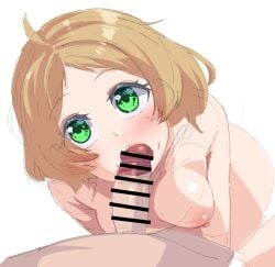 1boy 1boy1girl 1girls ass blonde_hair blowjob blush breasts censor_bar censored censored_penis d4dj green_eyes looking_at_partner nude nude_female nude_male open_mouth oral oral_sex penis penis_in_mouth sex short_hair shougunsouko sucking sucking_penis takeshita_miiko thick_thighs thighs