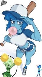 2girls :d artist_name bags_under_eyes blonde_hair blowing_bubble_gum blue_eyes blue_hair blue_hat blue_shorts blue_skin blue_socks bob_(steven_universe) breasts bright_pupils canonical_scene cheerleader chewing_gum closed_eyes collarbone colored_skin commentary crop_top dolphin_shorts english_commentary face_shield female female_only forehead_jewel foreshortening full_body gem_(steven_universe) green_shirt green_skin green_skirt hand_on_headwear hat highres holding holding_pom_poms lapis_lazuli_(steven_universe) large_breasts looking_at_viewer midriff multicolored_shoes multiple_girls navel official_art_inset open_mouth peridot_(steven_universe) pom_pom_(cheerleading) pom_poms shirt shoes short_hair short_sleeves shorts skirt smile socks srbready standing steven_universe triangle-shaped_hair two-tone_hat two-tone_shirt two-tone_shoes white_hat white_pupils white_shirt white_shoes