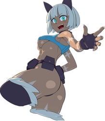 animal_ears aqua_eyes ass belt belt_pouch black_legwear blush breasts cat_ears collar covered_nipples crop_top cropped_legs dark-skinned_female dark_skin female fingerless_gloves fur_trim gloves looking_at_viewer nadia_fortune nisetanaqa open_mouth pouch scar sharp_fingernails short_hair simple_background skullgirls sleeveless solo thighhighs underboob white_background white_hair