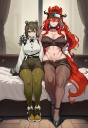 2girls ai_generated arknights brown_hair height_difference horse_girl huge_breasts large_breasts long_hair narantuya_(arknights) on_bed ponytail raccoon_girl red_eyes red_hair robin_(arknights) straight yellow_eyes