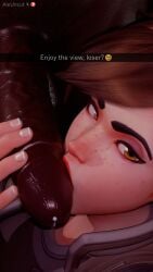 1boy 1boy1girl 1girls 3d aleuncut brown_hair close-up dark-skinned_male dark_penis dark_skin darkroom3dx freckles freckles_on_face hand_on_penis interracial kissing_penis netorare ntr oral overwatch overwatch_2 snapchat snapchat_ntr snapchat_sexting straight teasing teasing_cuck teasing_cuck_with_phone teasing_cuck_with_snap teasing_viewer text tracer tracer_(overwatch_2_suit) veins veiny_penis