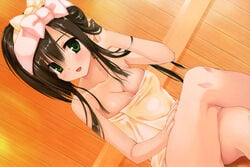 :d absurdres bare_shoulders black_hair blush breasts brown_hair cleavage dutch_angle female green_eyes hand_in_hair kobuichi kore_wa_zombie_desu_ka? legs_crossed long_hair muririn naked_towel nude open_mouth sauna scan seraphim_(kore_wa_zombie_desu_ka?) sitting smile solo towel towel_on_head wet