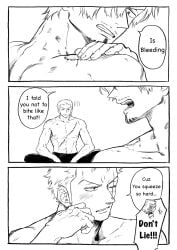 ! !!! 2boys 2d 2d_(artwork) 2d_artwork 2male 2males 2man 2men abs angry angry_expression angry_eyes angry_face bite bite_mark bite_mark_on_shoulder bite_marks bleeding blush blush_lines blushing blushing_male blushing_profusely bruise bruised bruises chest_scar colorless comic comic_page earings english english_commentary english_dialogue english_language english_text facial_hair gay gay_male gay_sex half-closed_eyes half_lidded_eyes homo homoerotic homosexual homosexual_male homosexual_sex jinzxz looking_away male male_only manga_style muscular muscular_male one_piece page_4 page_number post_orgasm roronoa_zoro sanji sanji_(one_piece) scar short_hair sitting sitting_criss_cross sitting_down stiches uncolored vinsmoke_sanji yaoi zoro_(one_piece)