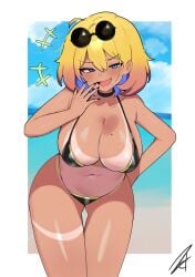 +++ ahoge alternate_hair_color bikini black_bikini black_choker black_nails blonde_hair blue_eyes blue_hair blue_sky blush border breasts brown_hair choker cloud colored_inner_hair commentary dark-skinned_female dark_skin day doyagao english_commentary eyelashes eyewear_on_head female female_only gradient_hair hand_on_own_hip highres large_breasts leaning_forward meru_(twt_zet) mole mole_on_breast multicolored_hair nail_polish navel open_mouth original round_eyewear short_hair signature sky smile smug solo stomach sunglasses swimsuit tan tanline white_border zet_(twt_zet)