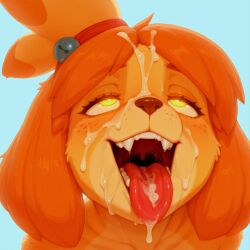 after_oral ahe_gao ai_generated anatomically_correct animal_crossing bell breedorbred canid canine canine_teeth close-up collarbone comfyui cum cum_drip cum_in_mouth cum_on_face cum_on_tongue detailed_maw detailed_mouth domestic_dog eyebrows_visible_through_hair facial fangs freckles freckles_on_face glowing_eyes hair hairband half-closed_eyes isabelle_(animal_crossing) long_tongue looking_up maw mawshot naked nose saliva saliva_string sharp_teeth simple_background snout teeth tongue tongue_out uvula yellow_body yellow_eyes