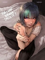 1girl 1girls bare_legs bare_shoulders barefoot bed bedroom big_eyebrows big_eyelashes black_hair blush bubmoni dyed_hair feet feet_fetish feet_focus feet_up female female_focus female_only foot_fetish foot_focus foot_out_of_frame greek_toe green_hair green_nails green_toenails hoshi_kirara jujutsu_kaisen licking_feet licking_foot licking_lips licking_own_foot lips long_legs long_toes looking_at_viewer looking_pleasured meaty_soles medium_hair mouth_piercing multicolored_hair musk musk_clouds musk_fetish musky musky_feet nail_polish neckline one_leg_up petite petite_body petite_female pierced_lip piercing plump_lips presenting presenting_feet purple_eyes rule_63 seductive seductive_look seductive_smile sitting sitting_on_bed skinny small_breasts smell smelly smelly_feet smile smiling smiling_at_viewer soles solo_female speech_bubble spit_trail steam steaming_body steamy_feet sweaty sweaty_body sweaty_feet tan_body tan_skin tanned_skin toenail_polish toenails toes wrinkled_feet wrinkled_soles