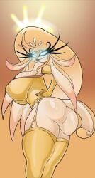 angel ass avian avian_girl background beak big body breasts butt_focus eyelashes eyes feathered feathers female girl glowing golden golden_clothing hair halo hazbin_hotel heaven hips leggings lips long mouth nsfwjiggle only peek pussy sideboob speaker_of_god_(hazbin_hotel) straps tail thick vivziepop wings