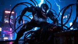 ai_assisted ai_generated big_breasts black_body black_skin dominant_female domination female lightning long_tongue marvel marvel_comics raining sharp_teeth she-venom spider-man_(series) symbiote tendrils tentacle tentacles_on_male tripleize venom_(marvel) wallpaper watermark