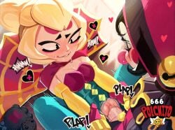 2girls arm_grab blonde_female blonde_hair blush blushing_female brawl_stars cape charlie_(brawl_stars) clothed_sex clown_makeup clown_nose elbow_gloves eyelashes female_only female_penetrated futa_on_female futanari heart_symbol jester_hat jester_outfit light-skinned_female makeup missionary_position moaning moaning_in_pleasure oc original_character penetration polchito ripped_clothing small_breasts sweat sweatdrop sweating vaginal_penetration