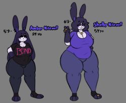 2023 2d 2girls anthro black_hair blank_background bottom_heavy bunny_ears bunny_girl child_bearing_hips chubby chubby_female clothed clothing ear_piercing evilfiendish female female_only fur furry grumpy lagomorph massive_thighs milf peace_sign piercing purple_eyes rabbit rabbit_girl ring_(jewelry) slightly_chubby smile thick_thighs toe_ring whore_eyes