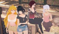 4girls alternate_costume arrancon big_breasts black_hair black_hair_female blake_belladonna blonde_female blonde_hair blue_eyes breasts busty clothed_female drip glasses large_breasts legs long_hair long_hair_female midriff navel pose posing purple_eyes ruby_rose rwby shorts silver_eyes smile team_rwby thighs toned weiss_schnee white_hair white_hair_female yang_xiao_long yellow_eyes