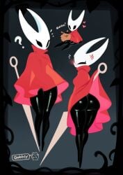 1girls ass bug cloak cloak_lift embarrassed flea_(hollow_knight) gobbsy_art hollow_knight hollow_knight:_silksong hollow_knight_(franchise) hornet_(hollow_knight) looking_at_viewer needle needle_(hollow_knight)