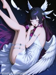 ai_generated alternate_costume angel_wings arm_strap armlet artist_name ass bare_arms bare_legs bare_shoulders barefoot black_hair blunt_bangs blush border breasts closed_eyes colored_inner_hair columbina_(genshin_impact) dress eye_mask feathered_wings feathers feet feet_out_of_frame female foot_out_of_frame from_side genshin_impact gradient_hair hair_ornament head_wings jewelry leg_up legs legs_up long_hair mionety multicolored_hair open_mouth purple_hair red_hair ribbon short_dress simple_background sleeping sleeveless sleeveless_dress solo thigh_strap thighs two-tone_hair very_long_hair white_dress white_mask white_wings wing_hair_ornament wings yawning