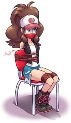 angry_expression blank_background blue_eyes bondage booty_shorts cap chair_bondage cloth_gag gagged hilda_(pokemon) jamoart jean_shorts legs_tied pokemon pokemon_bw ponytail red_gag rope rope_bondage shoes_on tied_to_chair tied_up white_skin