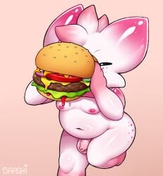 alien baashi balls belly burger flaccid food freckles genitals glistening glistening_body goo_creature hi_res humanoid hybrid male miziu_(baashi) moobs nipples penis shortstack solo