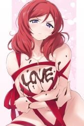 1girls arms_under_breasts blush breasts chocolate chocolate_on_body chocolate_on_breasts commentary_request female female_only food_on_body highres kirisaki_reina large_breasts looking_at_viewer love_live! love_live!_school_idol_project medium_breasts naked_ribbon navel nishikino_maki purple_eyes red_hair ribbon solo stomach v-shaped_eyebrows valentine