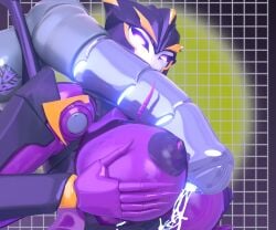 2026 3d 3d_(artwork) 3d_render airachnid areola areolae big_breasts big_penis black_body blue_precum breasts breasts_out cybertronian decepticon female gold_highlights lipstick nipples paizuri paizuri_lead_by_female penis_on_shoulder precum purple_eyes soundpunk501 transformers transformers_prime
