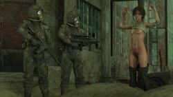 1girls 2boys 3d assault_rifle clothed_male_nude_female daz_studio dirty female gas_mask gun jenlapa male nude nude_female original undressed