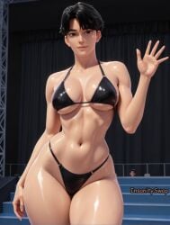 1boy 3d ai ai_assisted ai_generated bikini black_hair cameltoe child_bearing_hips clothing cowboy_shot crossdressing cuntboy cuntboy/male cuntboy_focus huntrix jinu_(kpop_demon_hunters) kpop_demon_hunters looking_at_viewer male male_head/female_body medium_breasts panties rule_63 sexy_body shiny_skin skindentation solo stage thick_thighs thong toned_body waving wide_hips yaoi