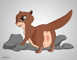 2016 anus ass belly big_belly brown_fur cute disney feral flat_chest fur gradient_background green_eyes looking_at_viewer mammal mrs._otterton mustelid nipples open_mouth otter pose pregnant presenting pussy rock simple_background skateryena smile zootopia