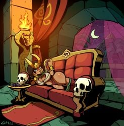 big_breasts cleopatra_cosplay couch egyptian_mythology gill_the_gnome gnome gnome_(warcraft) gnome_female goth grapes horns night ona_wholesprocket shortstack source_request tagme wide_hips