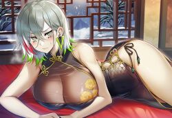 1girls ai_generated beautiful blush chinese_clothes cute diabellstar_the_black_witch earrings embarrassed female female_only focus gothic green_hair hi_res high-angle_view huge_breasts indoors konami large_breasts looking_at_viewer lying lying_down model modeling multicolored_hair necklace nervous pale_skin pose red_hair short_hair silver_eyes silver_hair solo thighs younger_female yu-gi-oh!