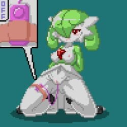 1girls 2016 animated anthro blush breasts cutaway egg_vibrator ejaculation english_text female female_gardevoir female_only front_view gardevoir green_background hands_behind_back kneeling nintendo nipples orgasm pixel_art pokemon pokemon_(species) pokemon_rse pussy_ejaculation pussy_juice red_eyes seven_pear sex_toy simple_background solo text vibrator