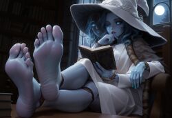 ai_generated blue_body blue_eyes blue_hair books bookshelf cloak cracked_skin crossed_legs doll doll_joints elden_ring extra_arms feet female foot_fetish foot_focus gesture glowing_eyes library long_sleeves moonlight parted_lips presenting_feet ranni_the_witch reading robe sitting soles solo solo_female stable_diffusion toenail_polish toes window witch_hat