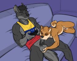 2025 5_fingers anthro anthro_on_anthro anthro_penetrated anthro_penetrating anthro_penetrating_anthro balls black_body black_claws black_fur black_hair black_nipples black_nose black_penis black_tail bodily_fluids bottomless bottomless_anthro bottomless_male canid canine canis casual_sex claws clothed clothing controller curled_tail digital_media_(artwork) domestic_dog duo ear_piercing ear_ring edugta_(character) erection eye_markings facial_piercing fellatio fingers foreskin fur furniture furry furry_male furry_only game_controller gaming gaming_while_penetrating gay gay_blowjob gay_male gay_sex genital_fluids genitals gloves_(marking) grey_balls grey_body grey_fur hair hi_res humanoid_genitalia humanoid_penis industrial_piercing kostos_art leaking_precum lying male male/male male_penetrated male_penetrating male_penetrating_male mammal markings microsoft muscular muscular_anthro muscular_male nipples nude nude_anthro nude_male on_side on_sofa oral oral_penetration orange_body orange_fur partially_retracted_foreskin penetration penile penile_penetration penis penis_in_mouth piercing precum precum_on_penis purple_eyes rags_(youtuber) ring_piercing saliva saliva_on_penis sex shiba_inu shirt simple_background sitting sitting_on_sofa size_difference skimpy smile smirk smug sofa sofa_sex spitz spread_legs spreading sucking sucking_dick sucking_penis tail tan_body tan_fur tank_top topwear topwear_only venezuela venezuelan_flag wolf xbox xbox_controller xbox_game_studios