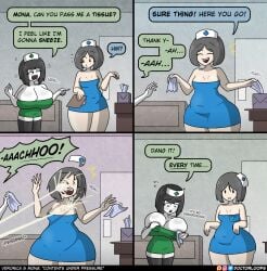 big_breasts blue_clothing blush breasts breasts_bigger_than_head comic dialogue doctorloops embarrassed embarrassed_female flabbergasted green_clothing involuntary_lactation lactating lactation large_breasts milk milk_squirt milk_stain mona_(doctorloops) nurse nurse_cap nurse_uniform nurses projectile_lactation shocked shocked_expression shocked_female shocked_look sneeze speech_bubble stain talking talking_to_another text text_bubble tissue tissue_box tissues veronica_(doctorloops) veronica_and_mona wiping