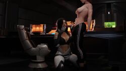 2girls 3d 3d_(artwork) bioware black_bra black_hair commander_shepard dinoboy555 femshep futa_on_female futanari grabbing_penis hi_res high_resolution licking_fingers looking_at_penis mass_effect miranda_lawson on_knees pants_pulled_down shirtless unzipped_bodysuit