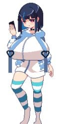 1girls animated black_hair blue_hair bouncing_breasts breasts charity_(lustful_dreamers) choker colored_inner_hair expressionless game_cg heart_choker holding_object holding_phone hoodie huge_breasts kogoeruretasu legwear looking_at_viewer lustful_dreamers multicolored_hair pink_eyes pixel_animation pixel_art star_eyes star_shaped_pupils striped_legwear striped_thighhighs succubus tagme thighhighs top_heavy transparent_background