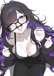 after_fellatio bags_under_eyes black_dress black_hair breasts cleavage colored_inner_hair commentary cum cum_in_mouth cum_on_body cum_on_breasts cum_on_tongue dated dress female from_above glasses goddess_of_victory:_nikke hair_over_one_eye highres itinana label_(nikke) large_breasts long_hair looking_at_viewer looking_up multicolored_hair open_mouth purple_eyes purple_hair simple_background sitting solo symbol-only_commentary tongue tongue_out twitter_username white_background