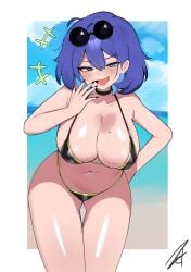 +++ ahoge bikini black_bikini black_choker black_nails blue_eyes blue_hair blue_sky blush border breasts choker cloud colored_inner_hair commentary day doyagao english_commentary eyelashes eyewear_on_head female female_only hand_on_own_hip highres large_breasts leaning_forward meru_(twt_zet) mole mole_on_breast multicolored_hair nail_polish navel open_mouth original round_eyewear short_hair signature sky smile smug solo stomach sunglasses swimsuit two-tone_hair white_border zet_(twt_zet)