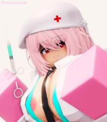 1girls 3d areola_slip breasts_out fat_tits female gloves half-erect huge_breasts kisarazu_senh60 nurse nurse_uniform pink_gloves roblox robloxian source_request tagme