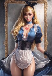 1girls ai_generated alice_(disney) alice_in_wonderland bare_hips bare_thighs black_gloves blonde-haired_female blonde_female blonde_hair blue_eyes choker clothed clothed_female clothes clothing collarbone corset dress earrings eyelashes eyeshadow facing_viewer female female_focus female_human female_only feminine front_view gloves hairband heart_tattoo human human_female light-skinned_female light_skin lipstick long_hair medium_breasts mirror nai_diffusion no_bra novelai patreon_url pink_lipstick pujopg realistic realistic_breast_size realistic_proportions revealing_clothes revealing_dress short_sleeves slim slim_girl slim_waist solo solo_female standing tattoo tattoo_on_chest thighs unbuttoned wavy_hair