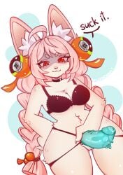 absurd_res ambiguous_fluids anthro bodily_fluids bra clothing collar dominant dominant_female female fluffy hair hi_res lagomorph leporid looking_down mammal mihoyo orcaocean pink_hair rabbit red_eyes shortstack smile solo strapon sweat text thiren underwear zenless_zone_zero zhao_(zenless_zone_zero)