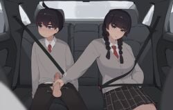 1boy 1girls age_difference ahoge akiyama_fumika_(pepper0) akiyama_yuto_(pepper0) black_hair black_pants black_skirt blue_eyes braid brother_and_sister car_interior censored commentary female freckles freckles_on_face handjob highres incest large_breasts long_hair male manspreading mosaic_censoring motion_lines necktie open_fly original pants penis pepper0 plaid_clothes plaid_skirt red_necktie school_uniform seatbelt shirt siblings sitting skirt stealth_sex straight sweater testicles twin_braids v-neck white_shirt window