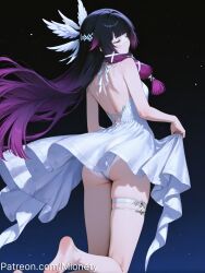 ai_generated alternate_costume artist_name ass back backless_dress backless_outfit bare_arms bare_back bare_legs bare_shoulders barefoot black_background black_hair blunt_bangs border breasts closed_eyes closed_mouth clothes_lift colored_inner_hair columbina_(genshin_impact) dress dress_lift feet feet_out_of_frame female foot_out_of_frame from_behind genshin_impact gradient_hair hair_ornament halterneck head_wings legs lifting_own_clothes long_hair looking_at_viewer looking_back mionety multicolored_hair night night_sky panties patreon_username pink_hair purple_hair red_hair short_dress sidelocks simple_background skindentation skirt_hold sky sleeveless sleeveless_dress soles solo standing standing_on_one_leg star_(sky) streaked_hair thigh_strap thighs toes two-tone_hair underwear very_long_hair white_dress white_panties wing_hair_ornament wings